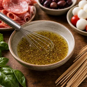 Oregano vinaigrette whisked in a small bowl