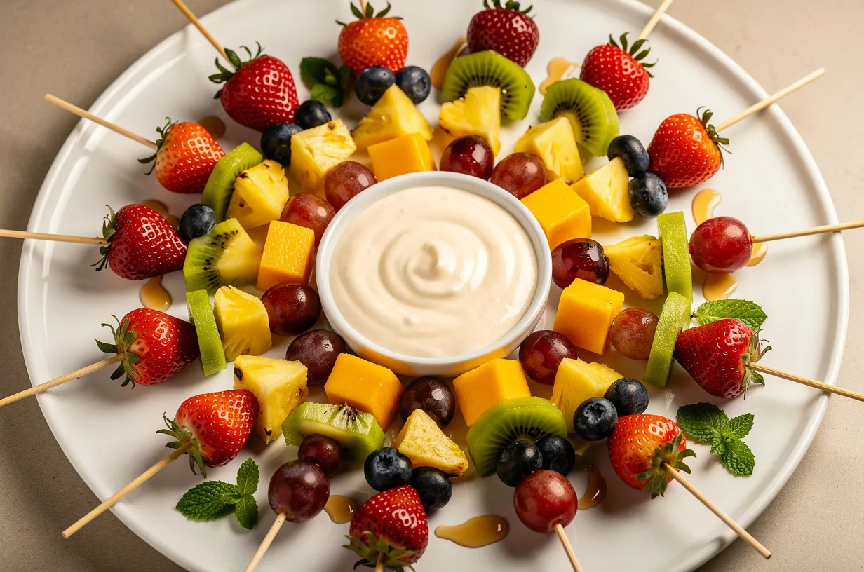 Espetadas Festivas de Fruta com Molho Iogurte para Festas