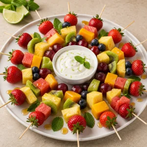 Finished fruit kabobs arranged around honey lime yogurt dip