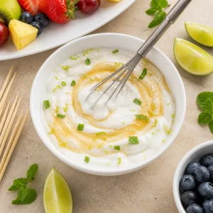 Honey lime yogurt dip whisked in a white bowl