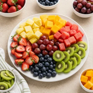 Washed fruit cut into even pieces for fruit kabobs
