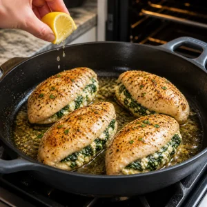 Lemon juice drizzled over stuffed chicken breasts before baking