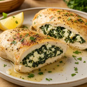 Sliced feta and spinach stuffed chicken breasts on a plate