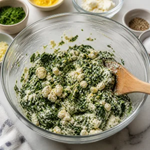 Spinach and feta filling mixed in a glass bowl