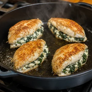 Stuffed chicken breasts searing in a skillet until golden