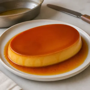 Gekühlter Flan auf einen Teller gestürzt, mit Karamellsauce darüber