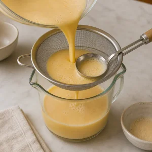 Puddingmasse wird durch ein feines Sieb in einen Krug passiert