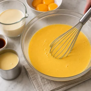 Eigelb-Milch-Masse für Flan wird vorsichtig verrührt