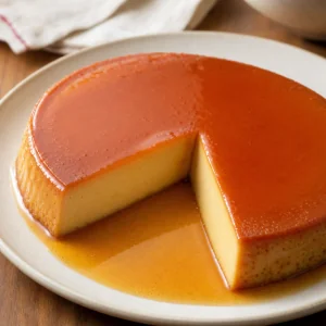 Fertiger philippinischer Leche Flan mit Karamellsauce auf einem Teller