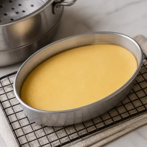Gestockter gedämpfter Pudding kühlt in seiner ovalen Metallform ab