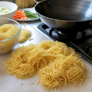 Dry pancit canton noodles separated beside a wok