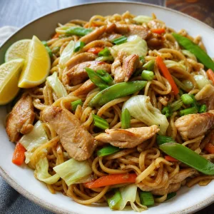 Finished pancit canton with chicken, vegetables, green onions, and citrus wedges
