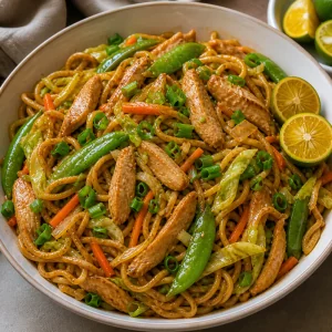 Hot pancit canton topped with green onions and served with citrus wedges