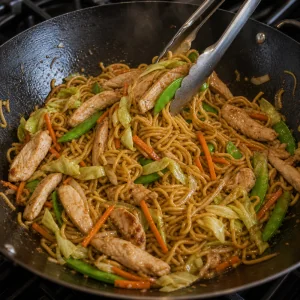 Pancit canton noodles and chicken tossed with vegetables in sauce