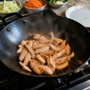 Sliced chicken browning in a hot wok