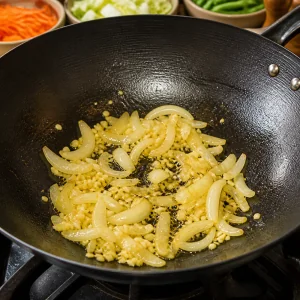 Sliced onion and minced garlic cooking in a wok
