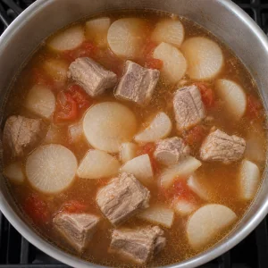 Daikonscheiben köcheln in Tamarinden-Schweinebrühe