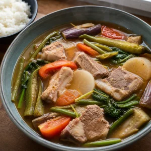 Finished pork sinigang with tamarind broth and vegetables beside jasmine rice