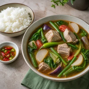 Heißer Schweine-Sinigang mit Jasminreis und geschnittenen Chilis