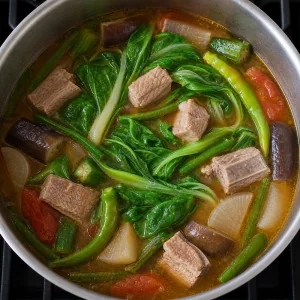 Blattgemüse fällt in heißem Schweine-Sinigang zusammen