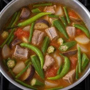 Okra und grüne Chilis köcheln in Schweine-Sinigang