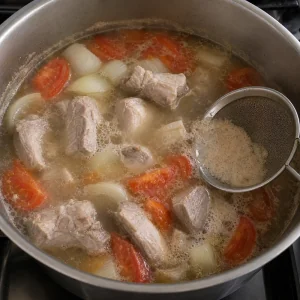 Schweinerippchen köcheln mit Tomaten und Zwiebel, während Schaum abgeschöpft wird