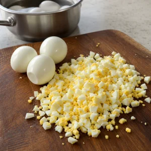 Chopped hard-boiled eggs on a board