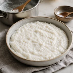 Creamy rice porridge cooling in a dish
