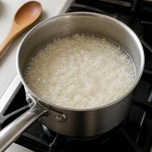 Rice simmering with water in a saucepan