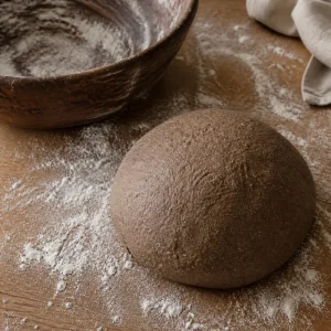 Smooth rye dough resting on a floured surface