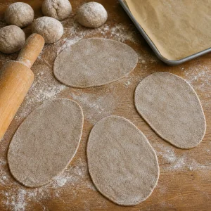 Thin oval rye dough pieces on a floured table