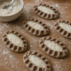 Unbaked Karelian pies filled and pleated