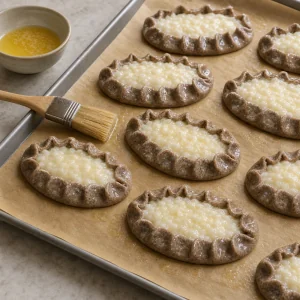 Unbaked pies brushed on a parchment-lined tray