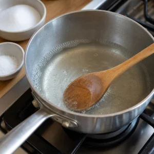 Clear pickle brine simmering in a saucepan