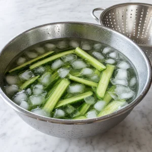 Cucumber spears soaking in a bowl of ice water