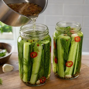 Spiced brine poured over packed cucumber spears
