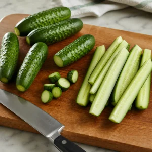 Trimmed pickling cucumbers cut into long spears