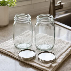 Two clean empty jars and lids on a kitchen towel