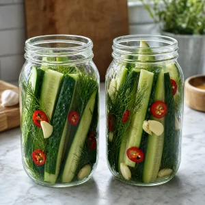 Two jars packed with cucumbers, dill, garlic, and chile