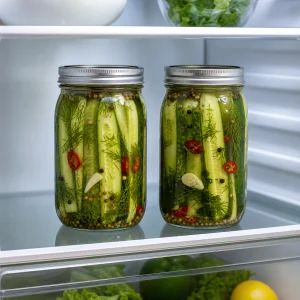 Two sealed jars of spicy dill pickles in a refrigerator
