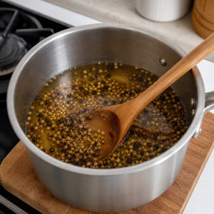 Whole spices stirred into warm pickle brine