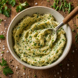 Manteiga de ervas misturada com salsa, cebolinho, sal e pimenta