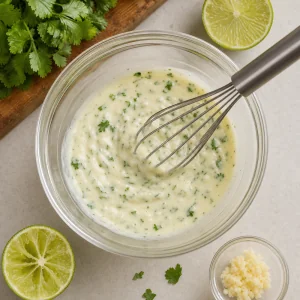 Cilantro lime mayo whisked with garlic, lime juice, and salt in a small bowl