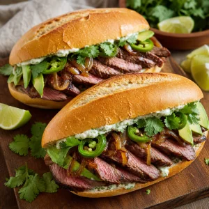 Finished flat iron steak tortas with cilantro lime mayo, avocado, jalapenos, caramelized onions, cilantro, and lime wedges