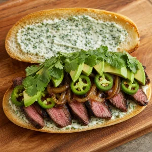 Open torta layered with cilantro lime mayo, sliced steak, onions, jalapenos, avocado, and cilantro