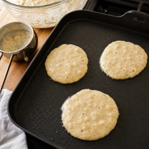 뜨거운 그리들 위에서 기포가 올라오며 익는 바나나 팬케이크 반죽