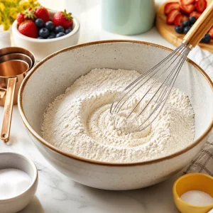 Ingredienti secchi per pancake mescolati con una frusta in una ciotola