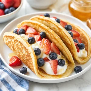 Pancake taco finiti con yogurt greco frutti di bosco freschi e miele