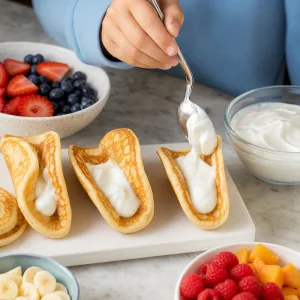 Yogurt greco versato con il cucchiaio nei pancake piegati a taco