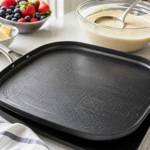 Piastra leggermente unta che si scalda per piccoli pancake da colazione